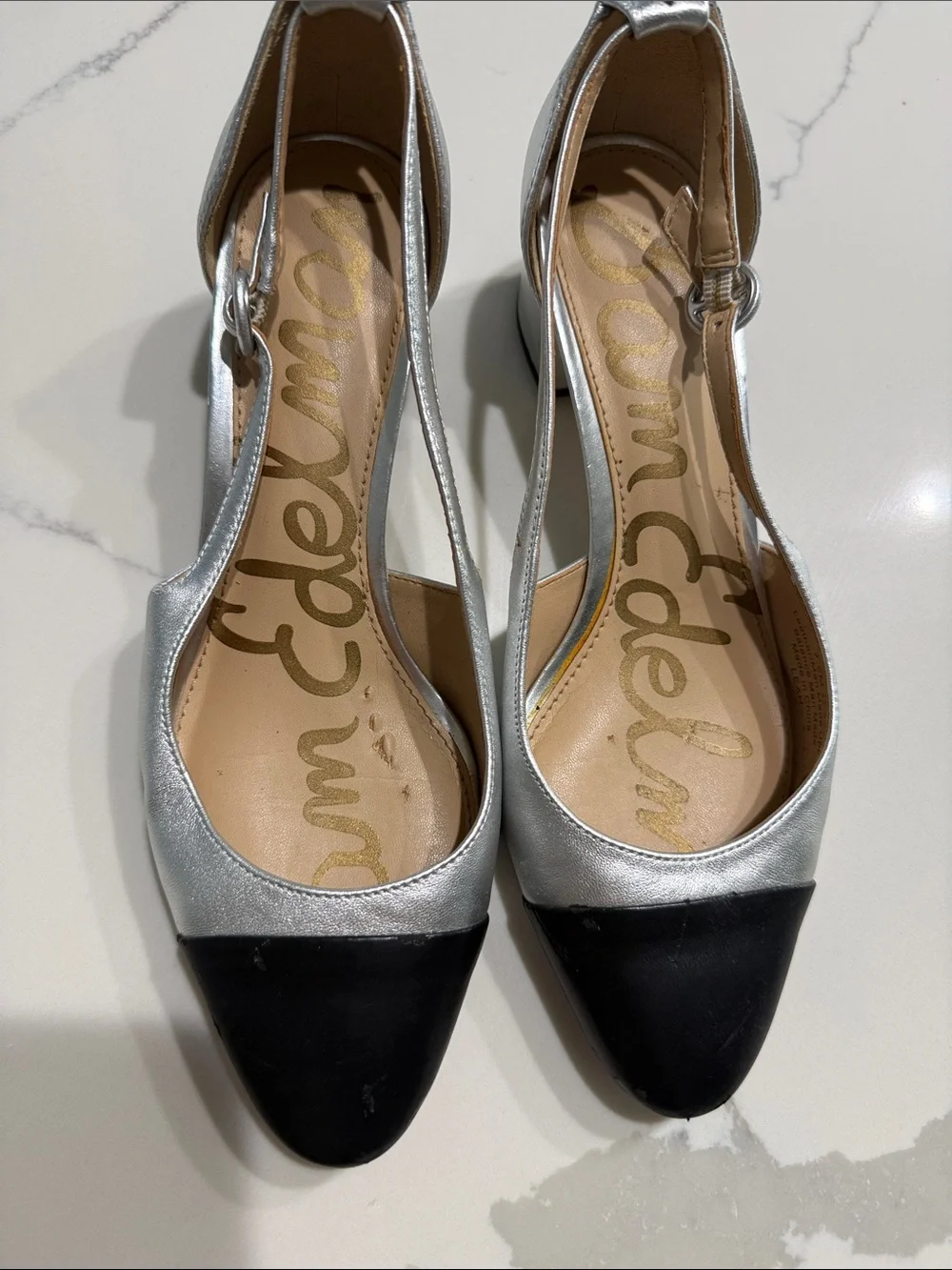 Sam Edelman Silver and Black Slingback Block Heel Pumps